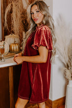 Load image into Gallery viewer, Cinnamon Velvet Smocked Neckline Puff Sleeve Shift Mini Dress