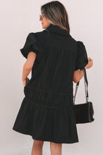 Load image into Gallery viewer, Black Shirt Style Button Down Puff Sleeve Ruffle Hem Dress