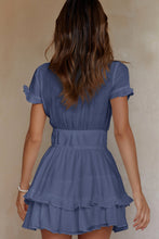 Load image into Gallery viewer, Blue Deep V Neck Self-tie Knotted Front Layered Flare Mini Dress