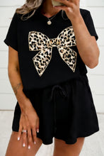Load image into Gallery viewer, Black Contrast Leopard Bow Patched V Neck Loose Tee Drawstring Shorts 2pcs Outfit