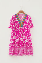 Load image into Gallery viewer, Rose Boho Mixed Print Contrast Trim V Neck Short Sleeve Flared Dress