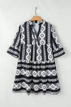 Load image into Gallery viewer, Black Geometric Print V Neck Ruffled Dress