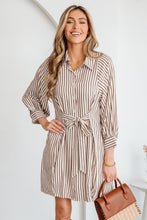 Load image into Gallery viewer, Brown Stripe Knot Waist Puff Sleeve Button Down Mini Shirt Dress