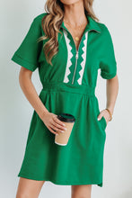 Load image into Gallery viewer, Bright Green Contrast Patchwork Half Zip Elastic Waist Short Sleeve Mini Dress