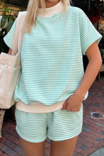 Load image into Gallery viewer, Sky Blue Stripe Cuffed Sleeve Contrast Mock Neck Tee Casual 2pcs Short Set