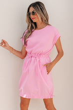 Load image into Gallery viewer, Bonbon Cuffed Short Sleeve Mix Fabric Patchwork Drawstring Mini Dress