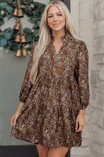 Load image into Gallery viewer, Brown Paisley Print Half Buttons Puff Sleeve Flowy Short Dress