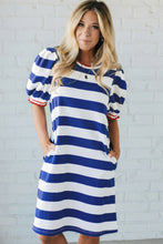 Load image into Gallery viewer, Red Stripe Contrast Trim Round Neck Short Puff Sleeve Shift Mini Dress