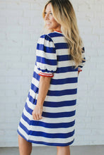 Load image into Gallery viewer, Red Stripe Contrast Trim Round Neck Short Puff Sleeve Shift Mini Dress