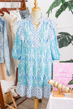 Load image into Gallery viewer, Sky Blue Boho Floral Geometric Patchwork Ruffle Detail Puff Sleeve Mini Dress
