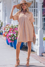 Load image into Gallery viewer, Brown Stripe Pinched V Neck Turn-up Cuffs Shift Mini Dress