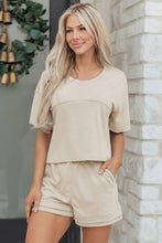 Load image into Gallery viewer, Sky Blue Solid Color Contrast Textured Patchwork Raw Edge 2pcs Short Set