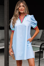 Load image into Gallery viewer, Myosotis Contrast Striped Notched V Neck Puff Sleeve Mini Dress