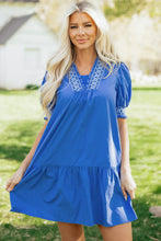 Load image into Gallery viewer, Sky Blue Embroidered Smocked Detail V Neck Short Puff Sleeve Mini Dress