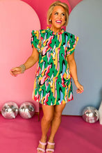 Load image into Gallery viewer, Green Abstract Print Frilled Neck Ruffled Sleeve Mini Dress