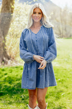 Load image into Gallery viewer, Myosotis Puff Sleeve V Neck Ruffled Loose Denim Mini Dress
