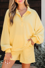 Load image into Gallery viewer, Yellow Cream Button Collar Drop Shoulder Pullover and Shorts 2pcs Outfit