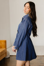 Load image into Gallery viewer, Ashleigh Blue Denim Shirt Collar Long Sleeve Flared Mini Dress