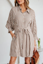 Load image into Gallery viewer, Brown Stripe Knot Waist Puff Sleeve Button Down Mini Shirt Dress