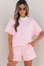 Load image into Gallery viewer, Sky Blue Stripe Cuffed Sleeve Contrast Mock Neck Tee Casual 2pcs Short Set