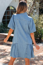 Load image into Gallery viewer, Beau Blue Button Down Short Puff Sleeve Ruffle Hem Patchwork Denim Dress