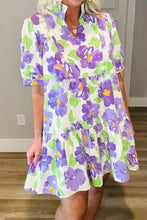 Load image into Gallery viewer, Purple Floral V Collar Short Sleeve Tiered Ruffle Mini Dress