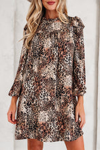 Load image into Gallery viewer, Brown Leopard Ruffled Detail Long Sleeve Loose Mini Dress