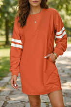 Load image into Gallery viewer, Tillandsia Purple Varsity Contrast Banded Sleeve Shift Sweatshirt Dress
