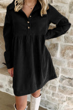 Load image into Gallery viewer, Black Corduroy Half Button Collared Long Sleeve Mini Dress