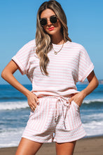 Load image into Gallery viewer, Pink Stripe Knitted Short Sleeve Top and Drawstring Shorts Set