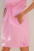 Load image into Gallery viewer, Bonbon Cuffed Short Sleeve Mix Fabric Patchwork Drawstring Mini Dress