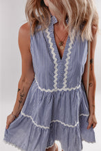 Load image into Gallery viewer, Blue Stripe Sleeveless Notched V Neck Contrast Ric Rac Mini Dress