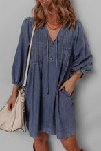 Load image into Gallery viewer, Sail Blue 3/4 Sleeve Tied V Neck Pleated Denim Mini Dress
