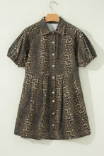 Load image into Gallery viewer, Gray Leopard Print Short Sleeve Pleated Denim Mini Dress