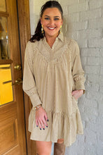 Load image into Gallery viewer, Brown Stripe Collared Neck Cuffed Long Sleeve Drop Waist Mini Dress