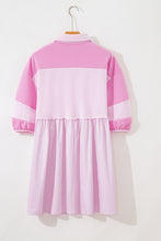 Load image into Gallery viewer, Pink Raw Seam Color Block Patchwork Button Polo Collar Mini Dress