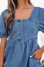 Load image into Gallery viewer, Prussian Blue Button Square Neck Short Puff Sleeve Denim Mini Dress