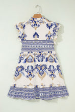 Load image into Gallery viewer, Blue Boho Floral Printed Split Neck Ruffled Sleeve Mini Dress