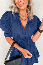 Load image into Gallery viewer, Blue Drawstring High Waist Puff Sleeve Denim Mini Dress
