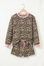 Load image into Gallery viewer, Pink Leopard Print Contrast Edge Long Sleeve Pullover Shorts Set