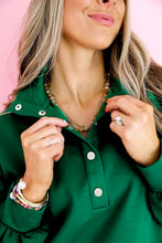 Load image into Gallery viewer, Blackish Green Embroidered Scallop Trim Half Button Pullover Casual Shorts Set