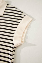 Load image into Gallery viewer, Black Stripe Ribbed Color Block Trim Zip Polo Tee Drawstring Shorts 2pcs Outfit