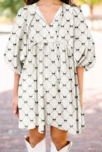 Load image into Gallery viewer, White Bowtie Pattern Textured Puff Half Sleeve Loose Mini Dress