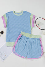 Load image into Gallery viewer, Beau Blue Corded Knit Contrast Trim Round Neck Cap Sleeve 2pcs Short Set