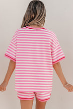 Load image into Gallery viewer, Pink Stripe Contrast Trim Short Sleeve Top Loose Shorts 2pcs Casual Outfit