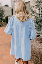 Load image into Gallery viewer, Sky Blue Stripe Color Block Patchwork Shirt Collar Button Down Puff Sleeve Mini Dress