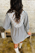 Load image into Gallery viewer, Black Stripe Floral Patchwork Tied V Neck Shift Long Sleeve Mini Dress