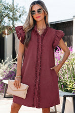 Load image into Gallery viewer, Red Sandalwood Frilled Detail Button Down Ruffle Short Sleeve Denim Mini Dress