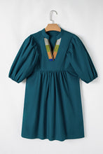 Load image into Gallery viewer, Blue Sapphire Colorblock Split V Neck Puff Sleeve Mini Dress