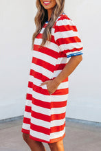 Load image into Gallery viewer, Red Stripe Contrast Trim Round Neck Short Puff Sleeve Shift Mini Dress
